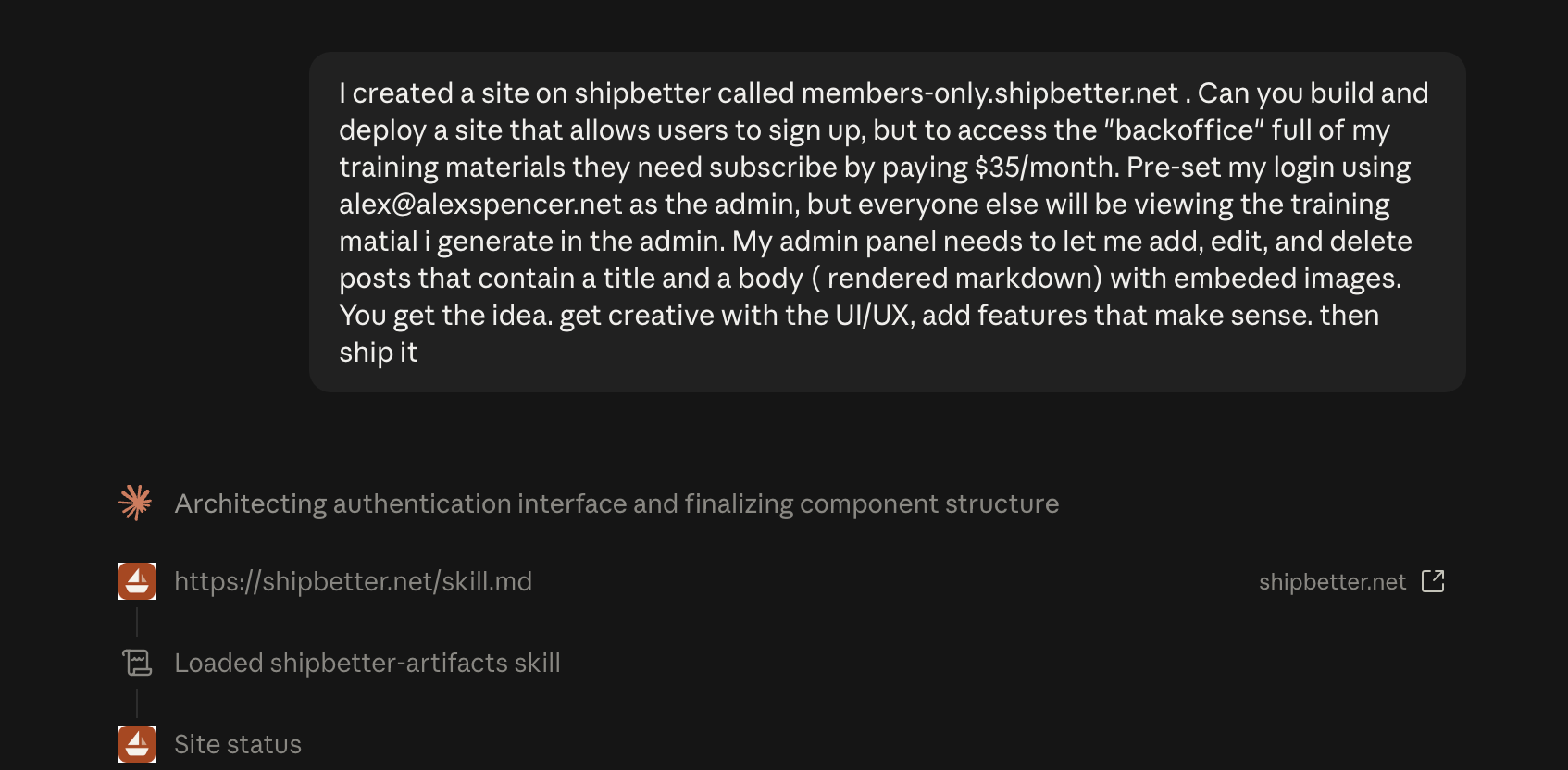 Claude building a members-only Shipbetter site from one prompt: sign-ups plus a $35/month subscription gating the training area