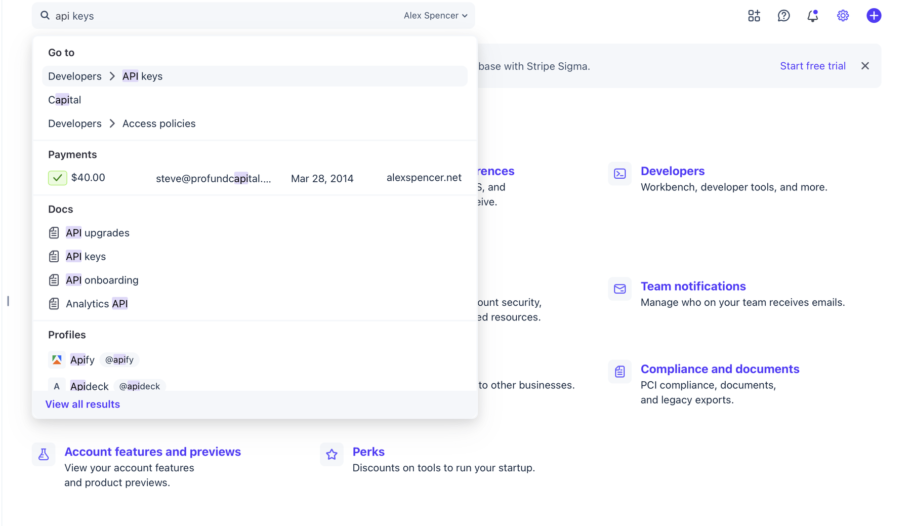 Stripe dashboard search with 'api keys' typed in, showing the Developers to API keys shortcut as the first result