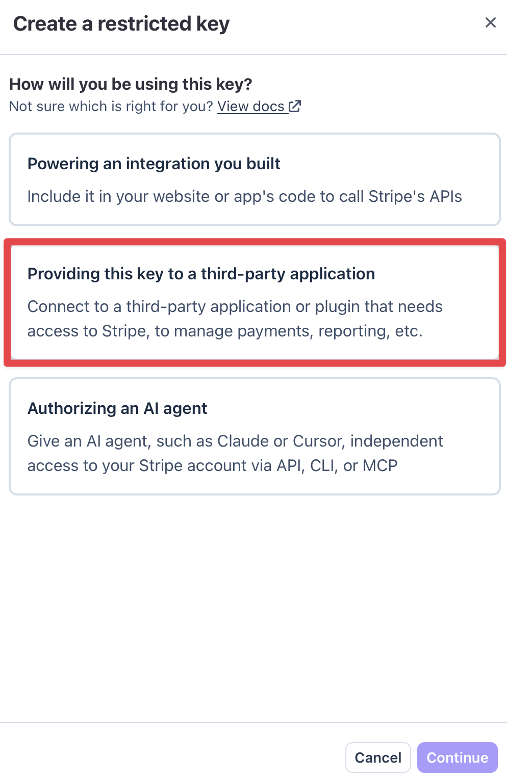 Stripe's Create a restricted key screen with the 'Providing this key to a third-party application' option selected