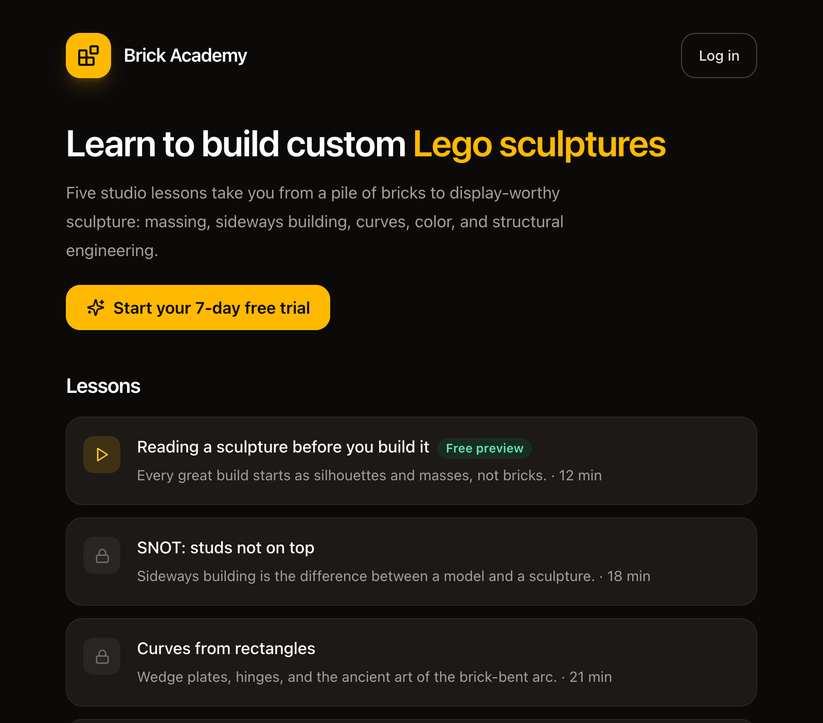 Brick Academy as a visitor sees it: one free preview lesson, the rest locked