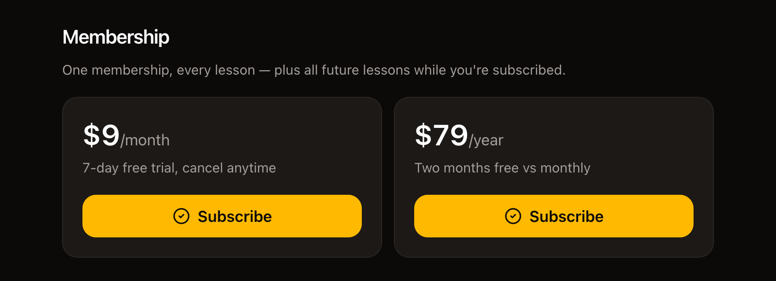 Brick Academy membership cards: $9 a month with a 7-day free trial, or $79 a year
