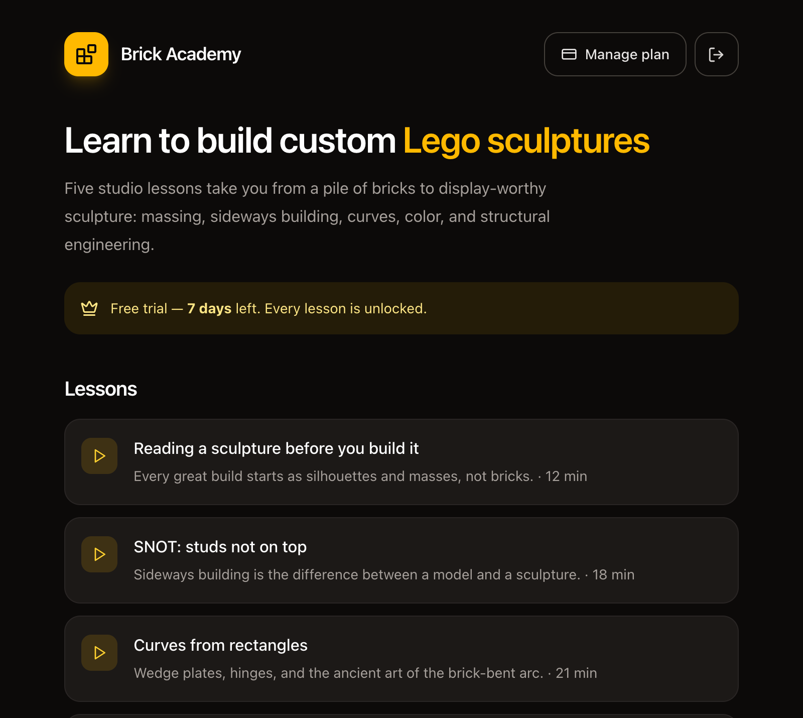 Brick Academy for a signed-in member on trial: a banner reads Free trial, 7 days left, and every lesson is unlocked