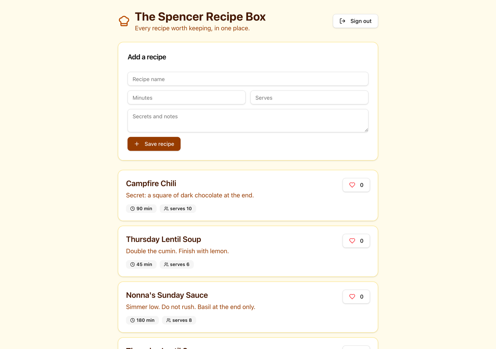 The live Spencer Recipe Box with a recipe form and saved family recipes