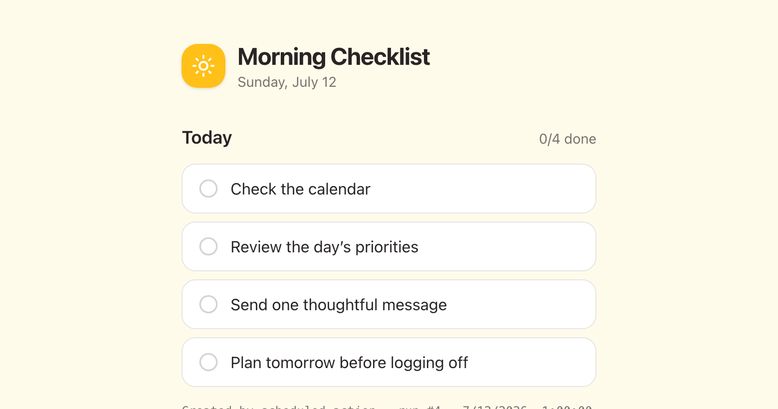 Morning Checklist with four useful items ready for the day